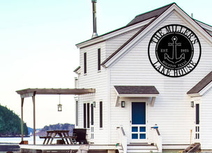 Custom anchor metal sign with personalized family name, location, and year, laser-cut from premium steel, perfect for lake house or nautical wall décor.