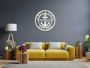 Personalized anchor metal wall sign with custom text – laser cut nautical décor for home or boat, made from powder-coated steel