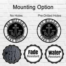 Custom anchor metal sign with personalized family name, location, and year, laser-cut from premium steel, perfect for lake house or nautical wall décor.