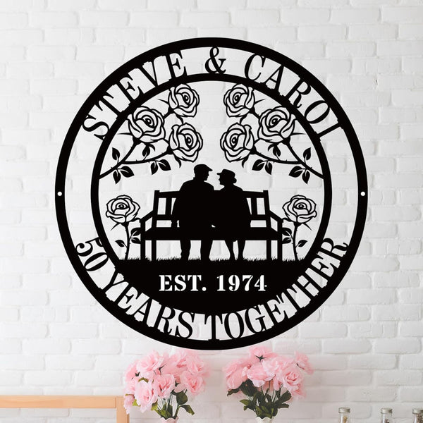 Custom 50th Anniversary Metal Sign – Couple on Bench with Roses – Personalized Name and Date Wall Art for Home or Garden