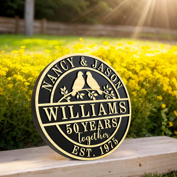 Custom engraved anniversary wood sign with double birds, personalized names, dates, and family text, carved on pine wood, rustic wall décor for weddings and anniversaries
