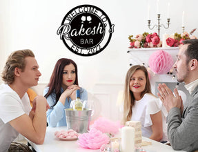 Personalized metal bar sign with name , welcome design with wine glasses, custom home bar décor