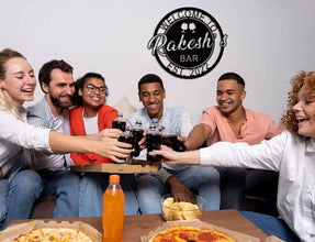 Personalized metal bar sign with name , welcome design with wine glasses, custom home bar décor