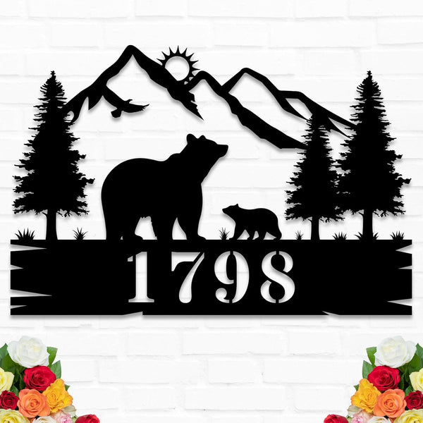 Custom bear address sign with mountain, eagle, and trees design, personalized house numbers, laser cut from steel with powder coat finish, rustic outdoor wall décor