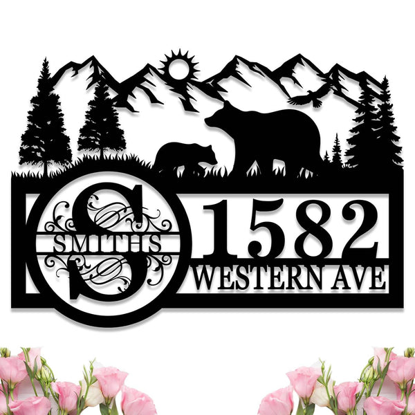 Custom metal bear address sign with mountain and forest design, personalized with family name and house number