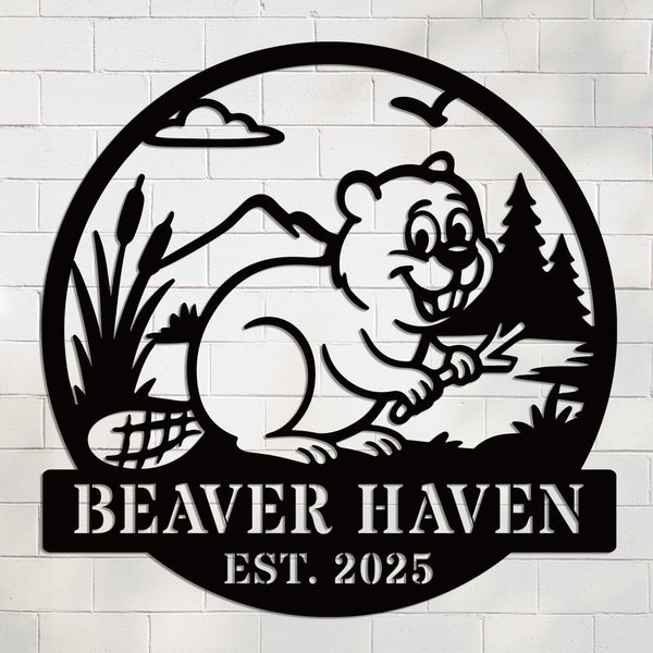 Custom beaver metal sign with personalized text, rustic wildlife design, laser-cut steel wall art, powder coated finish, cabin and home décor.