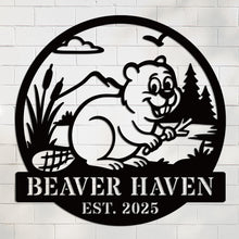Custom beaver metal sign with personalized text, rustic wildlife design, laser-cut steel wall art, powder coated finish, cabin and home décor.