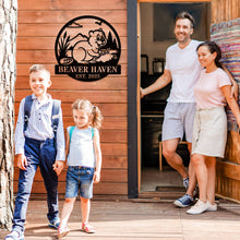 Custom beaver metal sign with personalized text, rustic wildlife design, laser-cut steel wall art, powder coated finish, cabin and home décor.