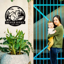 Custom beaver metal sign with personalized text, rustic wildlife design, laser-cut steel wall art, powder coated finish, cabin and home décor.