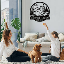 Custom beaver metal sign with personalized text, rustic wildlife design, laser-cut steel wall art, powder coated finish, cabin and home décor.