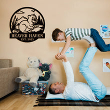 Custom beaver metal sign with personalized text, rustic wildlife design, laser-cut steel wall art, powder coated finish, cabin and home décor.