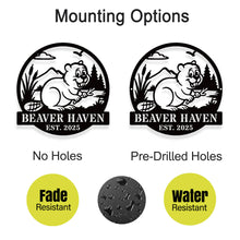 Custom beaver metal sign with personalized text, rustic wildlife design, laser-cut steel wall art, powder coated finish, cabin and home décor.