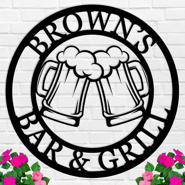 Custom metal bar sign with clinking beer mugs design, personalized steel wall décor for home bar, patio, grill, or man cave, laser cut and powder-coated finish.