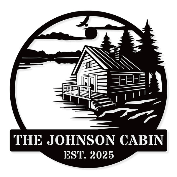 Personalized metal cabin sign with lake and pine trees – Custom family name and established year