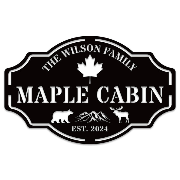 Custom metal cabin sign featuring bear, moose, maple leaf and personalized family name, laser-cut from powder-coated steel