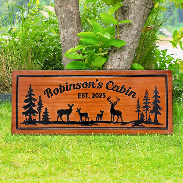 Custom wooden cabin sign made from premium pine wood, CNC carved with personalized text and deer design, rustic wall décor for cabins, lodges, and homes.