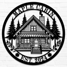 Personalized cabin metal sign with custom log cabin design and text – rustic steel wall art for home, lodge, or outdoor décor use