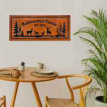 Custom wooden cabin sign made from premium pine wood, CNC carved with personalized text and deer design, rustic wall décor for cabins, lodges, and homes.