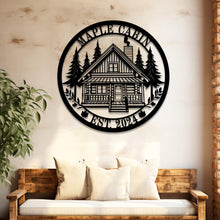 Personalized cabin metal sign with custom log cabin design and text – rustic steel wall art for home, lodge, or outdoor décor use