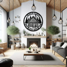 Personalized cabin metal sign with custom log cabin design and text – rustic steel wall art for home, lodge, or outdoor décor use