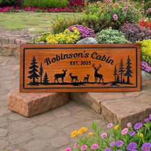 Custom wooden cabin sign made from premium pine wood, CNC carved with personalized text and deer design, rustic wall décor for cabins, lodges, and homes.