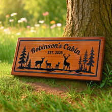 Custom wooden cabin sign made from premium pine wood, CNC carved with personalized text and deer design, rustic wall décor for cabins, lodges, and homes.