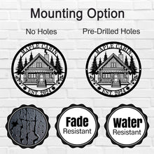 Personalized cabin metal sign with custom log cabin design and text – rustic steel wall art for home, lodge, or outdoor décor use