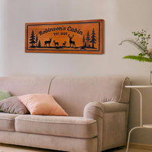 Custom wooden cabin sign made from premium pine wood, CNC carved with personalized text and deer design, rustic wall décor for cabins, lodges, and homes.