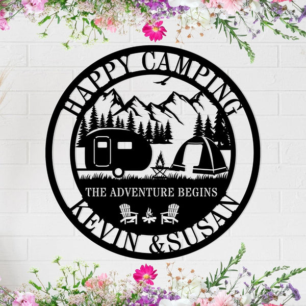 Custom metal camping sign with camper, tent, and mountain design, personalized with names, powder-coated steel for outdoor use.