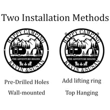 Custom metal camping sign with camper, tent, and mountain design, personalized with names, powder-coated steel for outdoor use.