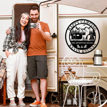 Custom metal camping sign with camper, tent, and mountain design, personalized with names, powder-coated steel for outdoor use.