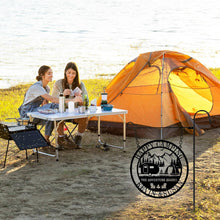 Custom metal camping sign with camper, tent, and mountain design, personalized with names, powder-coated steel for outdoor use.