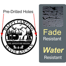 Custom metal camping sign with camper, tent, and mountain design, personalized with names, powder-coated steel for outdoor use.