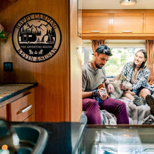 Custom metal camping sign with camper, tent, and mountain design, personalized with names, powder-coated steel for outdoor use.