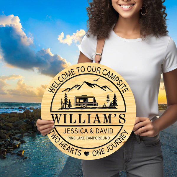 Custom engraved pine wood campsite sign with camper, mountains, trees, and personalized text – rustic outdoor décor for cabins, RVs, and camping lovers.