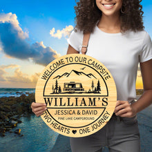 Custom engraved pine wood campsite sign with camper, mountains, trees, and personalized text – rustic outdoor décor for cabins, RVs, and camping lovers.