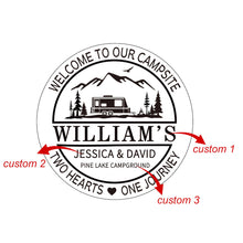 Custom engraved pine wood campsite sign with camper, mountains, trees, and personalized text – rustic outdoor décor for cabins, RVs, and camping lovers.