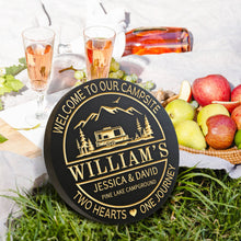 Custom engraved pine wood campsite sign with camper, mountains, trees, and personalized text – rustic outdoor décor for cabins, RVs, and camping lovers.