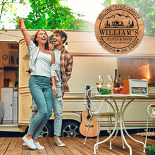 Custom engraved pine wood campsite sign with camper, mountains, trees, and personalized text – rustic outdoor décor for cabins, RVs, and camping lovers.