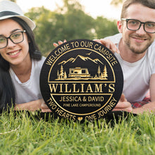Custom engraved pine wood campsite sign with camper, mountains, trees, and personalized text – rustic outdoor décor for cabins, RVs, and camping lovers.