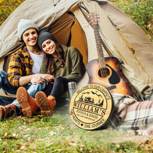 Custom engraved pine wood campsite sign with camper, mountains, trees, and personalized text – rustic outdoor décor for cabins, RVs, and camping lovers.
