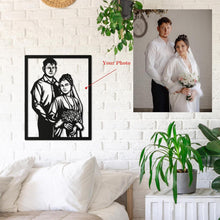 Custom couple metal portrait made from high-quality steel, laser-cut from uploaded photo, personalized wedding and anniversary wall art gift.