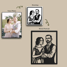 Custom couple metal portrait made from high-quality steel, laser-cut from uploaded photo, personalized wedding and anniversary wall art gift.
