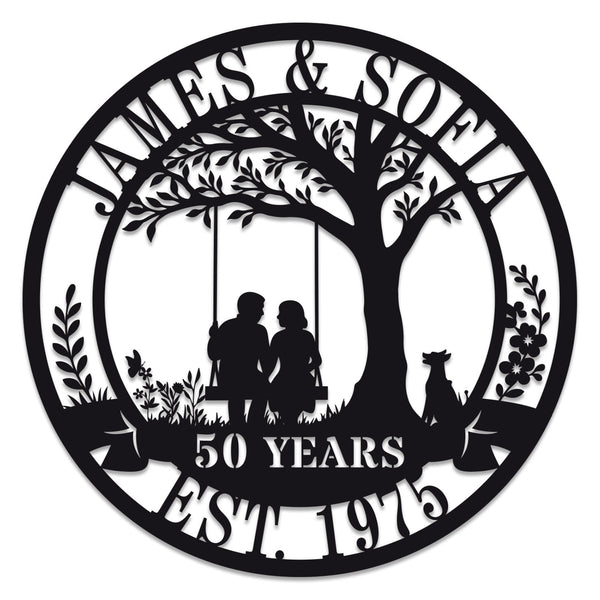 Custom metal sign with couple on swing under tree, personalized with names, dates, or anniversary messages, laser-cut steel with powder coat finish
