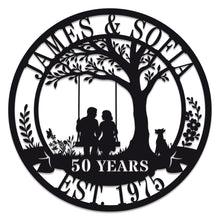 Custom metal sign with couple on swing under tree, personalized with names, dates, or anniversary messages, laser-cut steel with powder coat finish