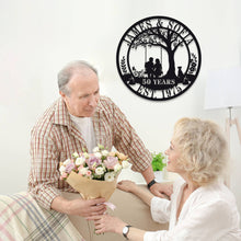 Custom metal sign with couple on swing under tree, personalized with names, dates, or anniversary messages, laser-cut steel with powder coat finish