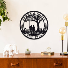 Custom metal sign with couple on swing under tree, personalized with names, dates, or anniversary messages, laser-cut steel with powder coat finish