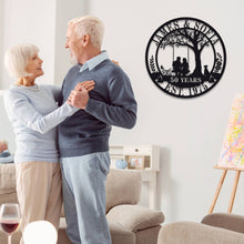 Custom metal sign with couple on swing under tree, personalized with names, dates, or anniversary messages, laser-cut steel with powder coat finish