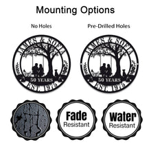 Custom metal sign with couple on swing under tree, personalized with names, dates, or anniversary messages, laser-cut steel with powder coat finish