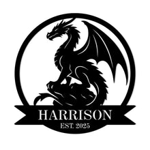 Custom metal dragon sign with personalized name and year, western-style fantasy silhouette, powder-coated steel wall decor for home or man cave